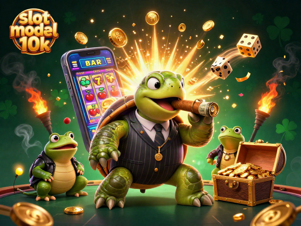 Spin the slot modal 10k with a snapping turtle mobster and bullfrog enforcers, surrounded by vibrant casino elements.