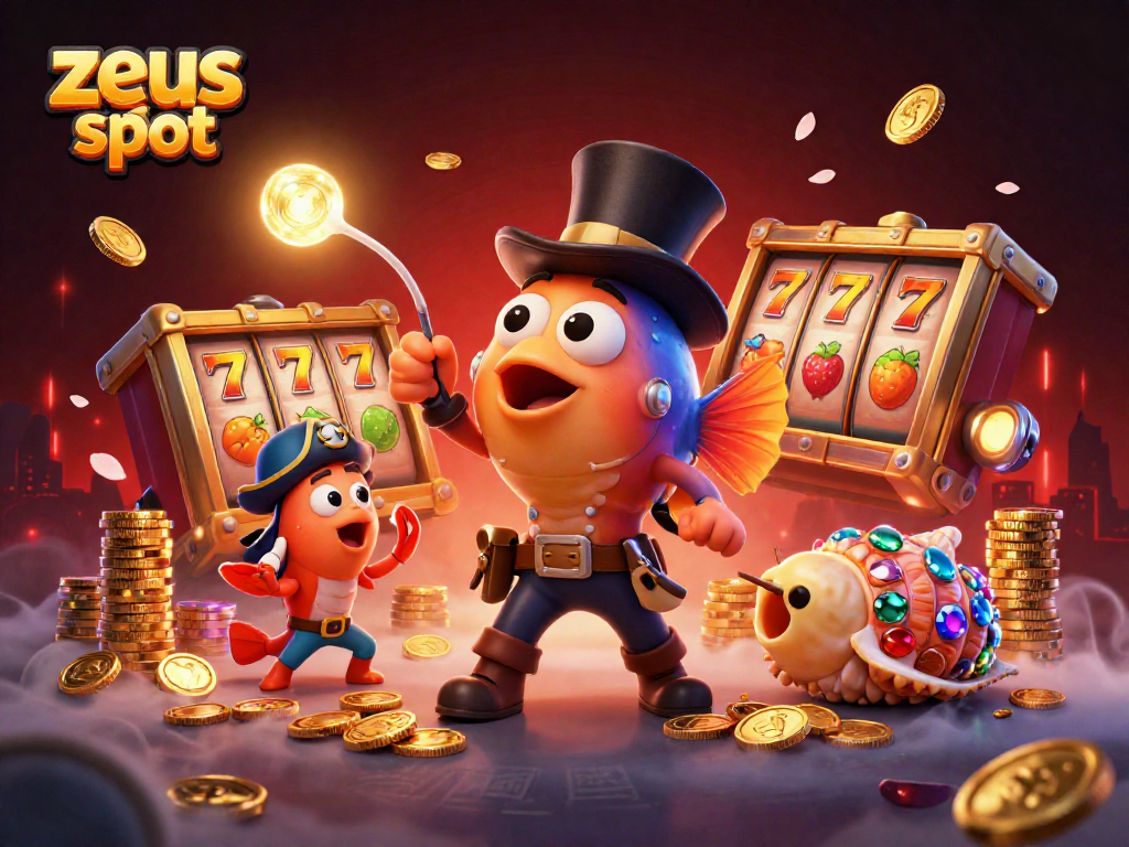 Engaging zeus slot scene with a 3D anglerfish attracting coins alongside themed characters and dynamic slot elements.