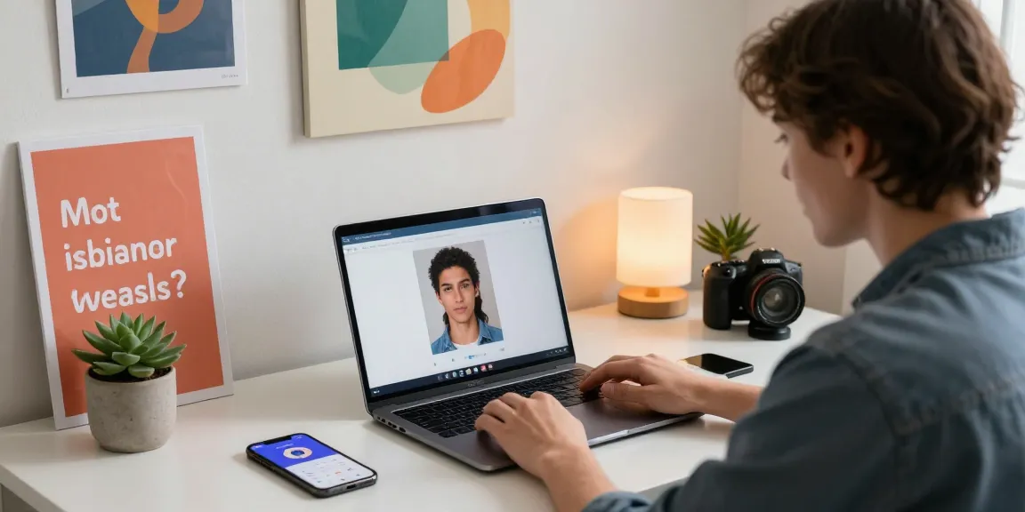 Test attractiveness process at home office with individual uploading photo and analyzing beauty metrics.