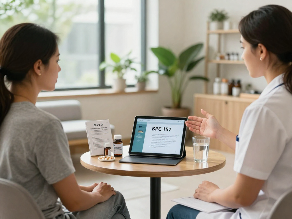 BPC 157 side effects consultation in a modern wellness center with educational materials.