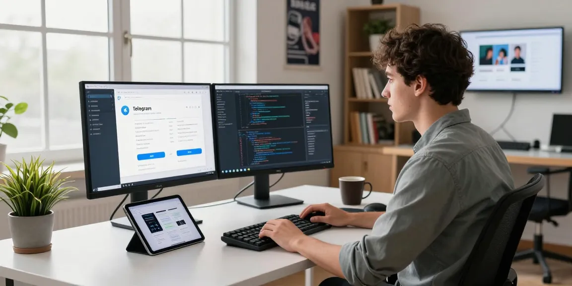 Engaged professional coding in a sleek workspace using 纸飞机中文版 on dual monitors with a bright atmosphere.
