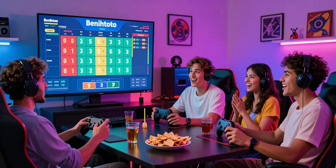 Group enjoying Benihtoto togel gaming night with vibrant LED lights and excitement