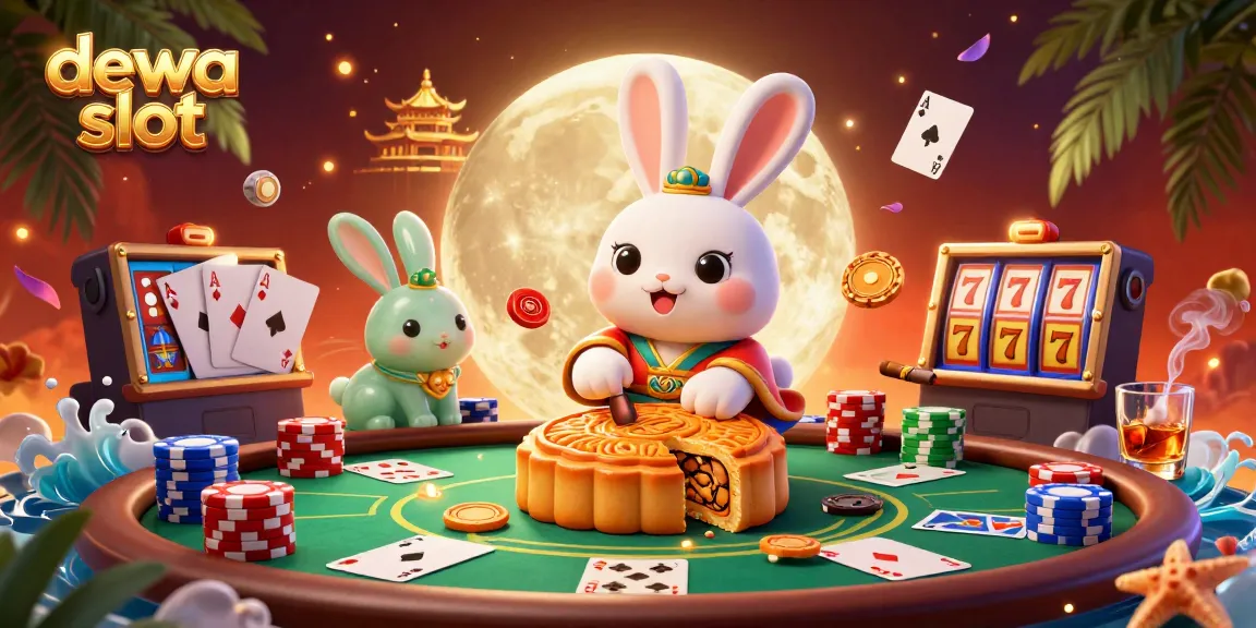 Experience the excitement of dewa slot in a vibrant 3D lunar scene with poker chips and festive elements.