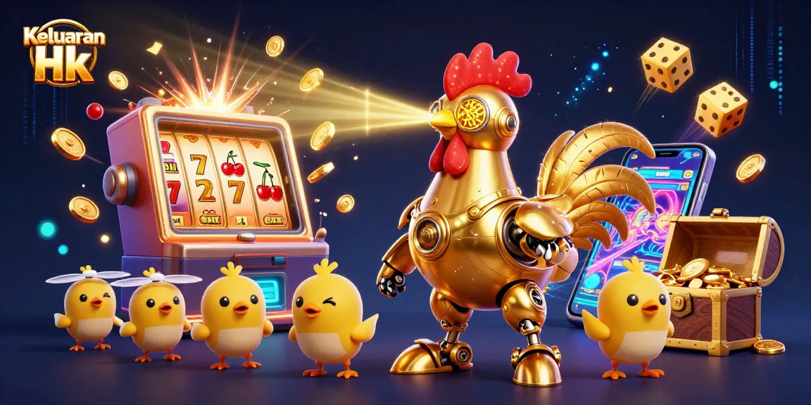Keluaran Hk displays a vibrant digital scene featuring golden rooster robot and slot machine bursts.