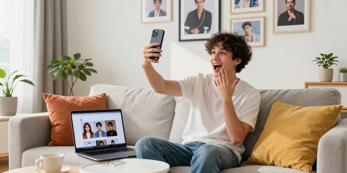 Person taking a selfie to find celebs I look like with an AI face identifier in a cozy living room.