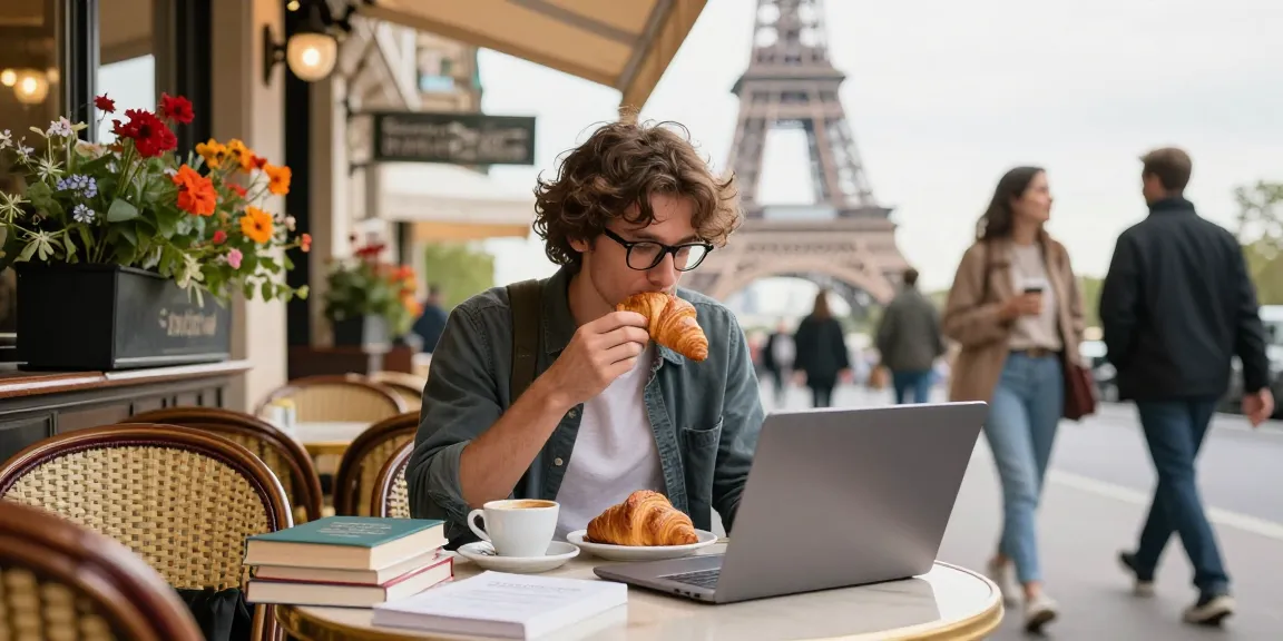 Cursos de francés en Francia: estudiante aprendiendo francés al aire libre en un café parisino con libros de idiomas y laptop