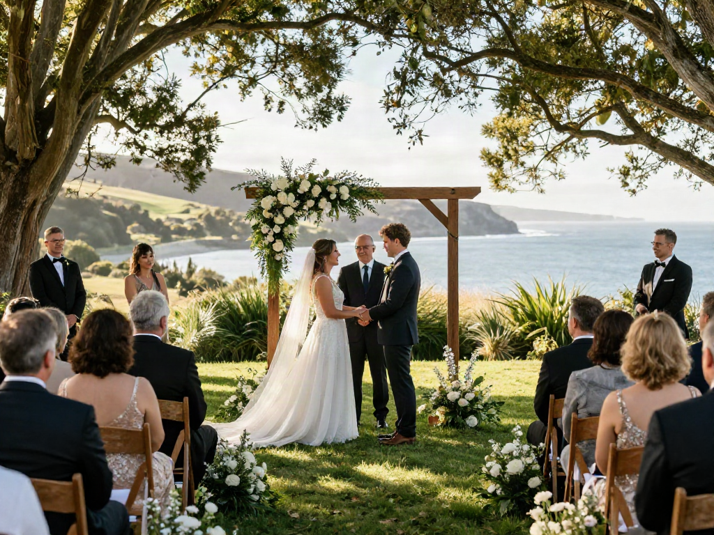 Dunedin wedding photographer capturing a couple’s emotional vows during their outdoor ceremony, with stunning scenery in the background.