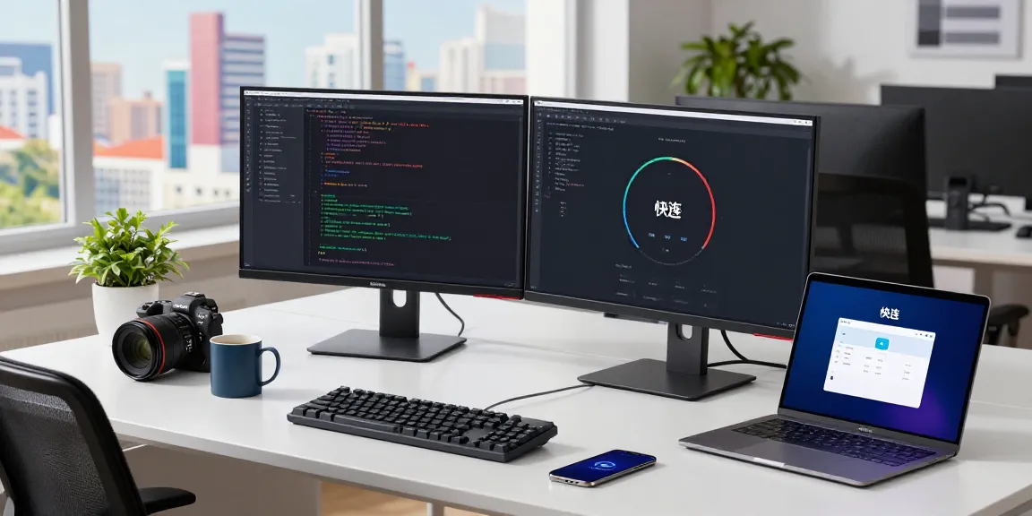 快连 app interface on laptop in a tech workspace, showcasing network speed tests.