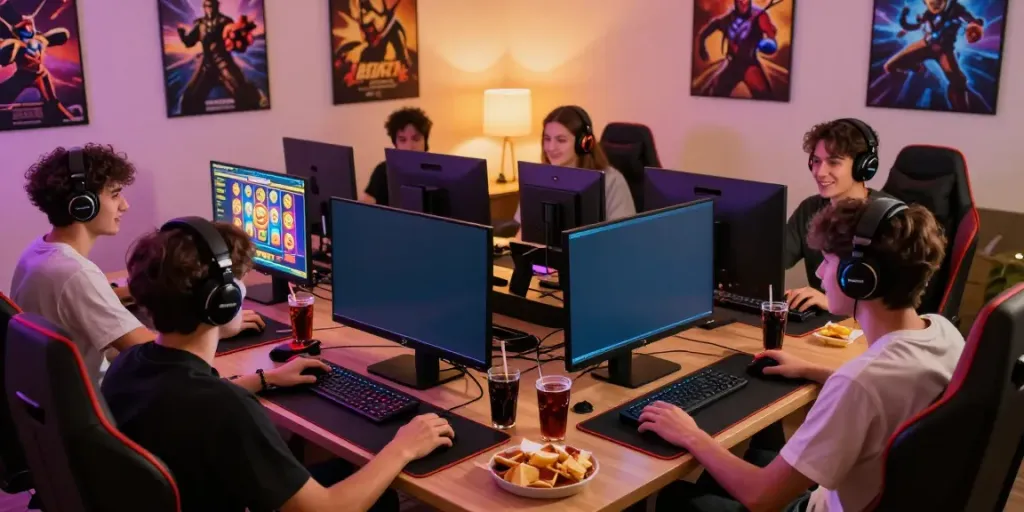 Engaged players enjoying a server thailand slot game competition in a cozy gaming setup.