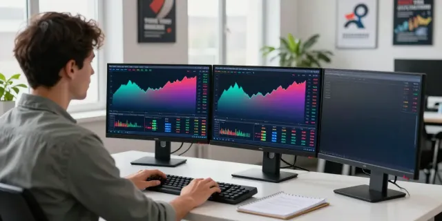 TradingView charts displayed on dual monitors in a bright professional trading analysis workspace.