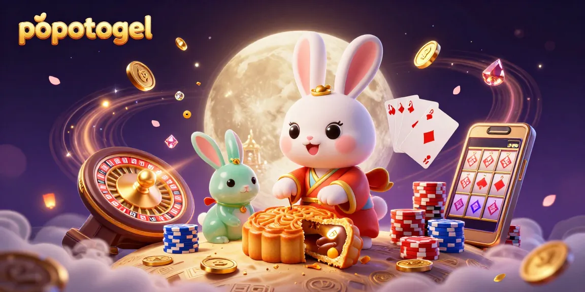 Experience the magic of popotogel with a vibrant lunar gambling scene featuring playful characters and casino elements.