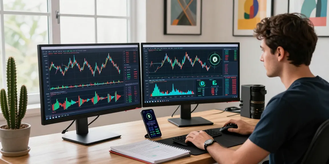OKX crypto exchange reviews with a trader analyzing charts in a modern home office setup.