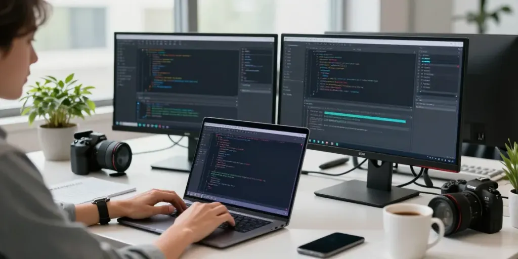 Developer working on h5.2113.net surrounded by tech tools in a modern office