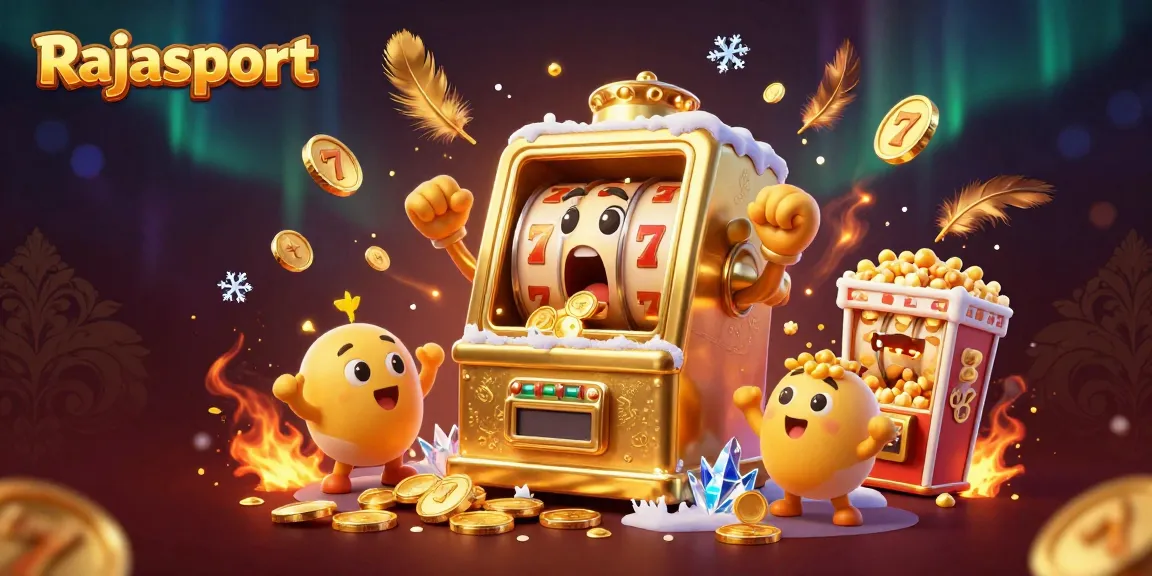 Rajasport menghadirkan mesin slot emas kartun bersenang-senang saat menang jackpot, dikelilingi simbol keberuntungan.