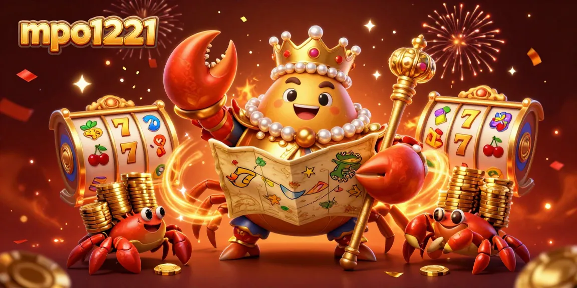 Experience the excitement of mpo1221 with vibrant slots and a golden crab emperor illustration.