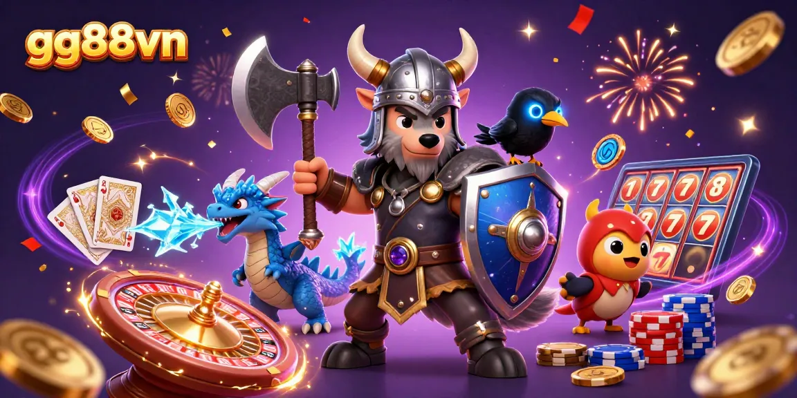 Engage with the exciting realm of gg88vn, featuring a Viking wolf warrior, fierce dragon, and dynamic casino elements.