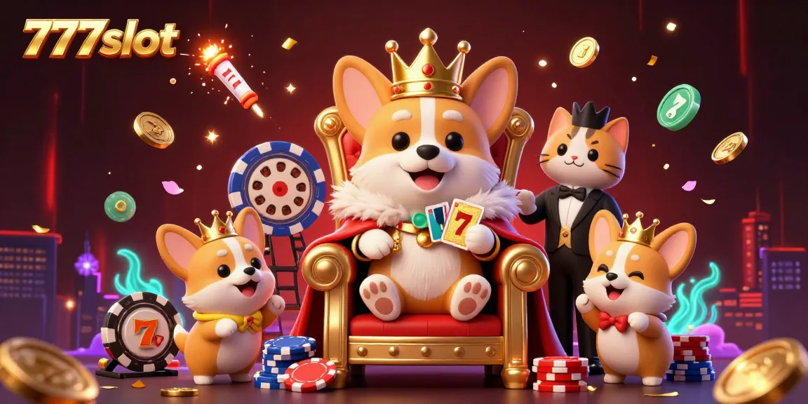 Spin the 777slot reels in a vibrant casino scene with royal corgis and festive elements.