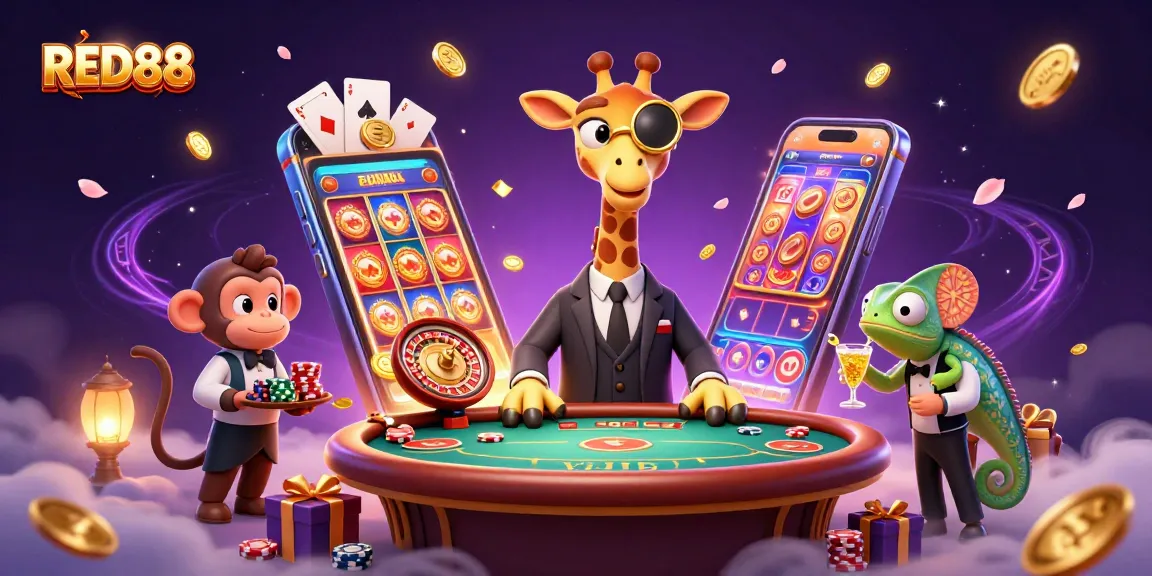 Experience the excitement of RED88 casino with a lively illustration featuring gambling elements and characters.