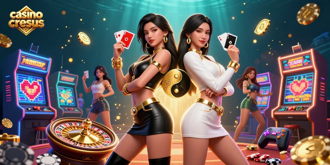 Une scène dynamique de deux femmes asiatiques représentant le casino Cresus avec des cartes à jouer, entourées d'éléments de jeu vibrants.