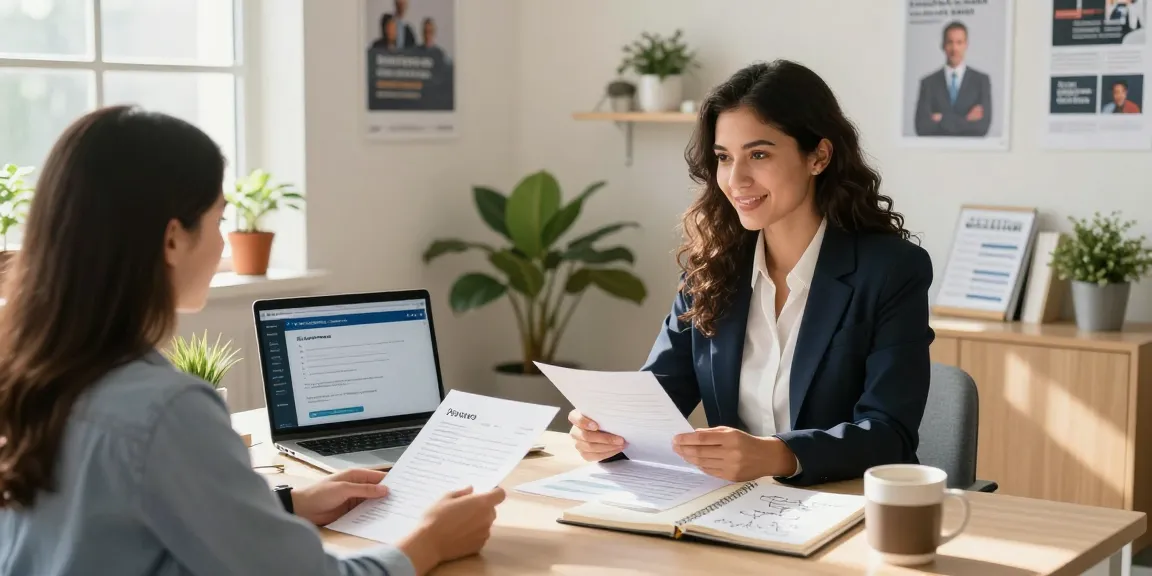 Job seeker submitting their resume here in a professional career services office.