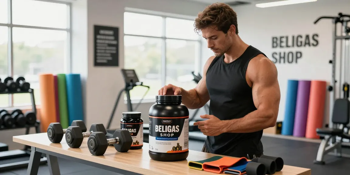 Beligas Shop protein supplements displayed in a vibrant gym environment