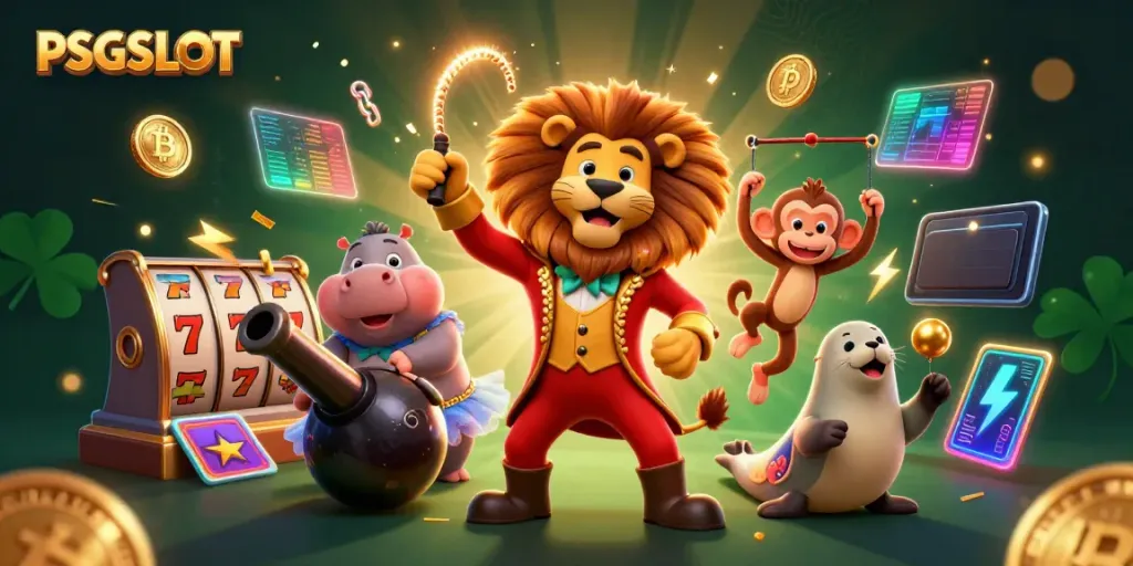Menangkan pengalaman bermain di PSGSLOT dengan ilustrasi animasi slot penuh warna dan karakter lucu.