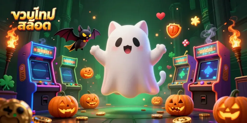 Enjoy exciting gaming experiences with รวมเกมสล็อต featuring playful characters in a spooky casino setting.