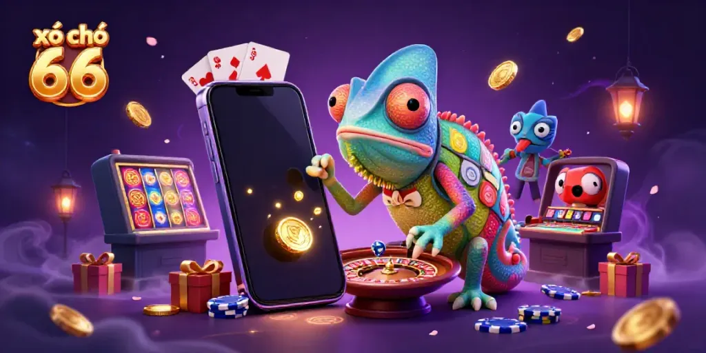 Engage with xổ số 66 excitement as a chameleon casino owner captures golden coins amidst colorful gaming elements.