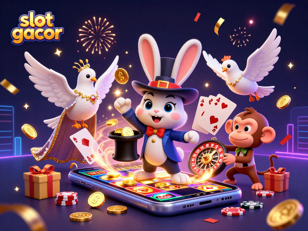 Engage in slot gacor action with a magical rabbit, dove, and monkey amidst golden coins and vibrant slot games.