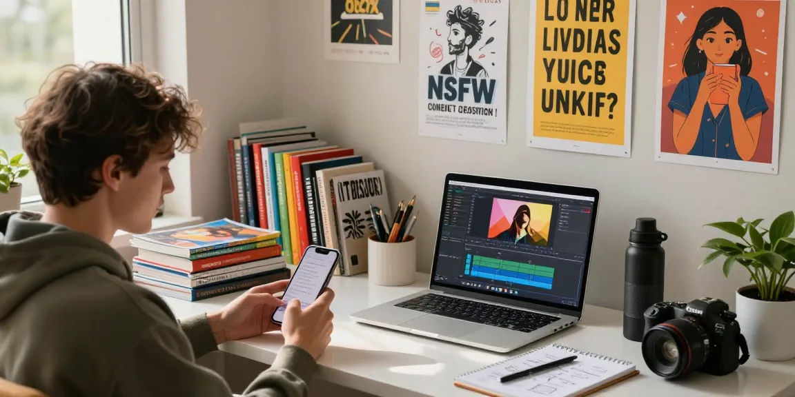 Young adult exploring NSFW content in a cozy home office.