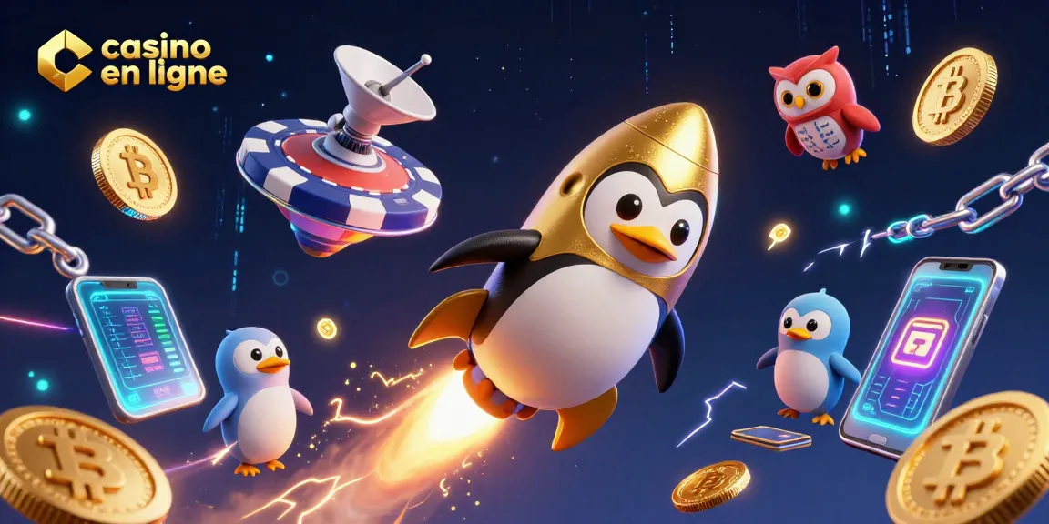 Visuel attrayant de casino en ligne avec un pingouin doré propulsé par une fusée et des éléments de jeux numériques.