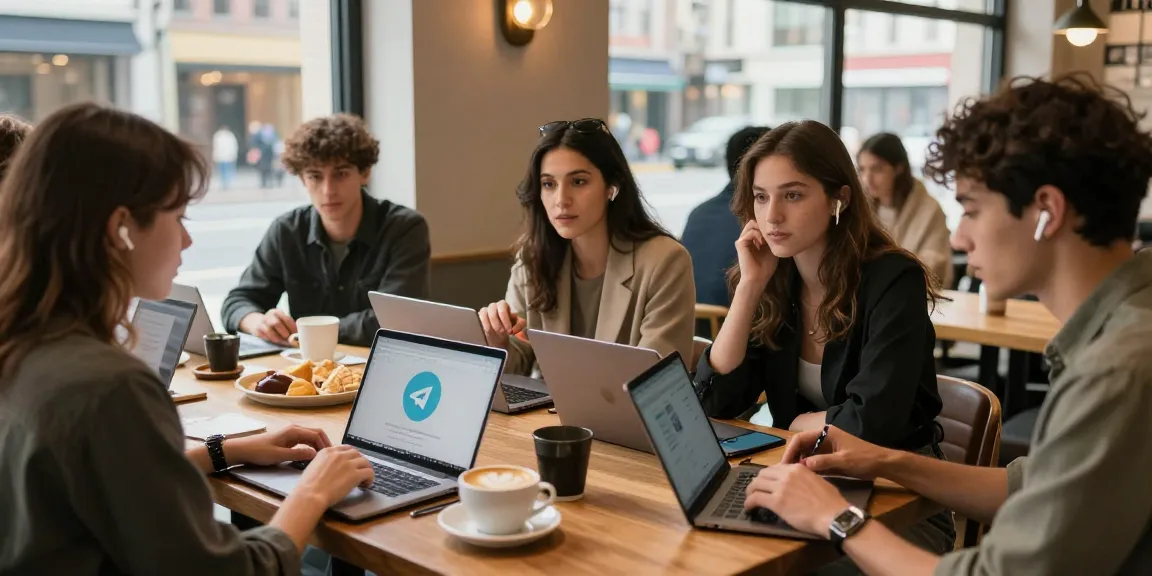 Young professionals discussing telegram china channels in a café.