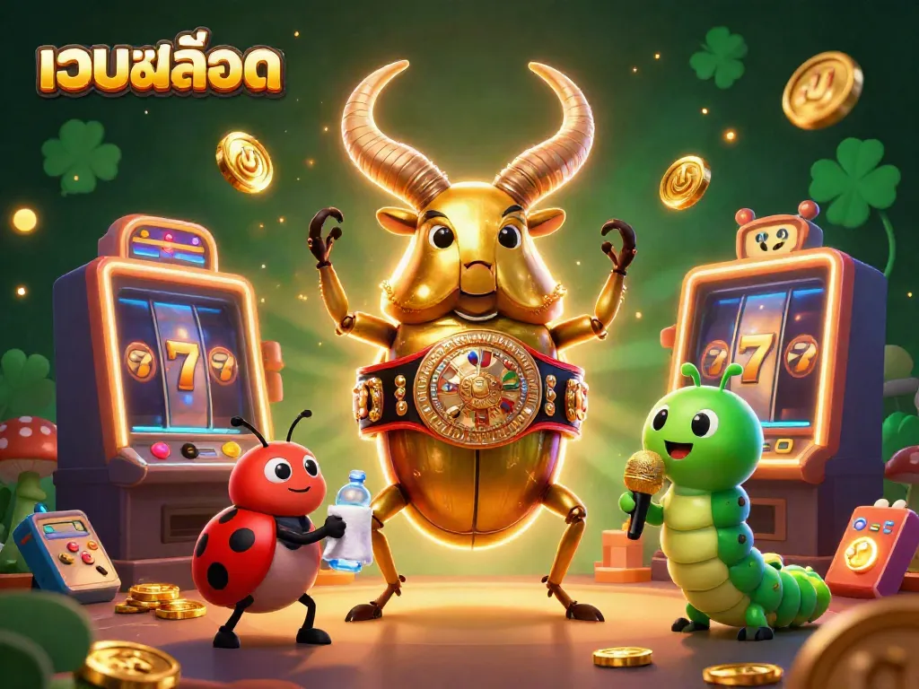 Experience the vibrant world of เว็บสล็อต with a 3D cartoon boxing showdown featuring slot machines, glowing elements, and a lively backdrop.