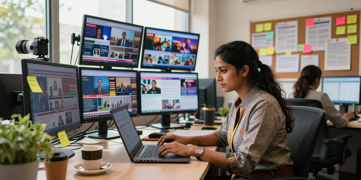 Journalist working in a busy newsroom environment delivering hot news stories from India via https://www.theindaily.com.