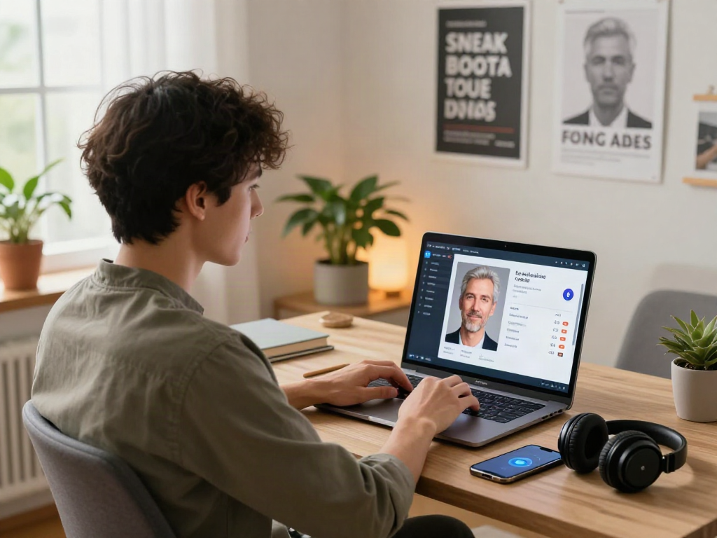 Self-portrait upload in a modern home office to discover how old do I look with AI facial analysis.