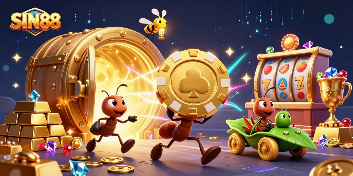 SIN88 theme with ants heisting a giant poker chip and slot elements for a casino vibe.