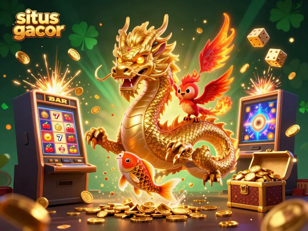 Experience the excitement at situs slot gacor with vibrant dragon and phoenix illustration surrounded by jackpots.