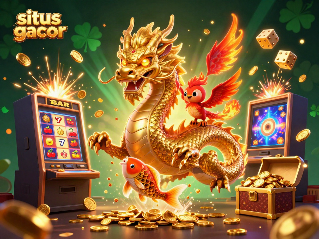 Experience the excitement at situs slot gacor with vibrant dragon and phoenix illustration surrounded by jackpots.