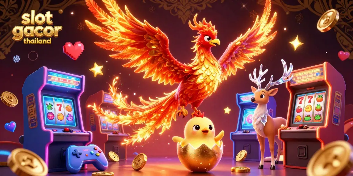 Experience luck and jackpots with slot gacor thailand amidst vibrant arcade elements and a magical phoenix scene.