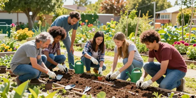 Calculator Online session in a community garden with diverse gardeners planning their layouts.