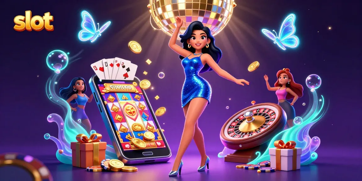 Spin vibrant slot reels and win exciting prizes with our lively casino scene illustration.