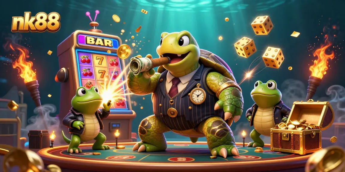 Experience the thrill of nk88 with a vibrant casino scene featuring characters, slot machines, and golden treasures.