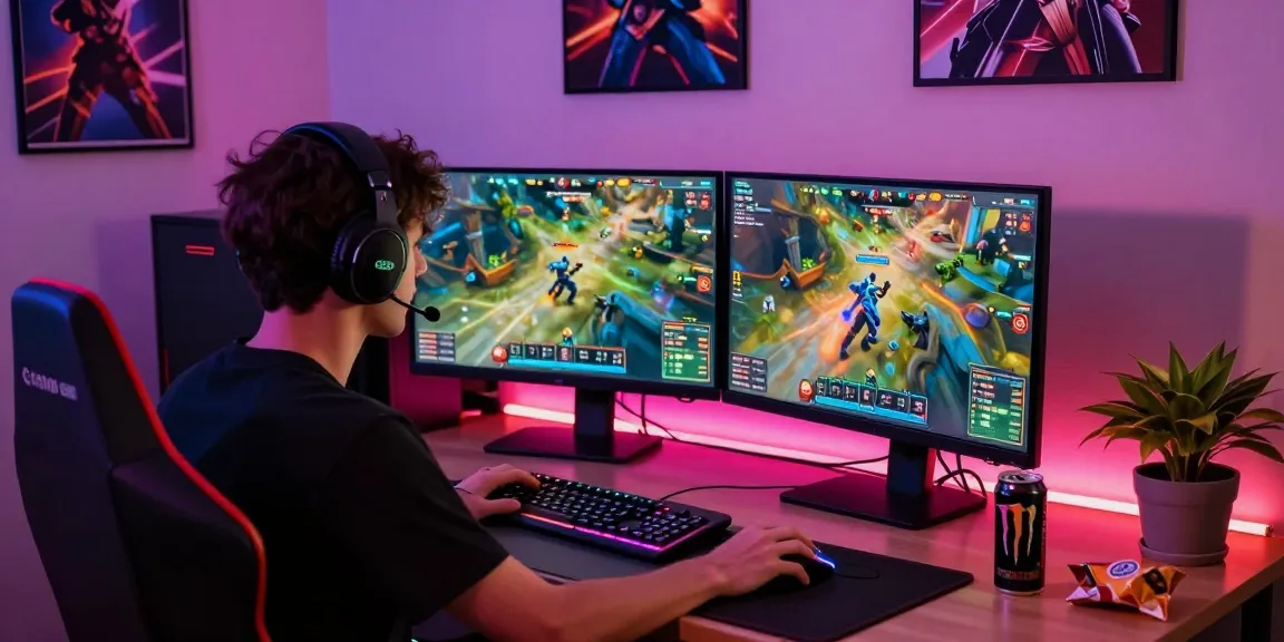 Engaged gamer showcasing raja328 alternatif with dual monitors, vibrant graphics, and immersive atmosphere.