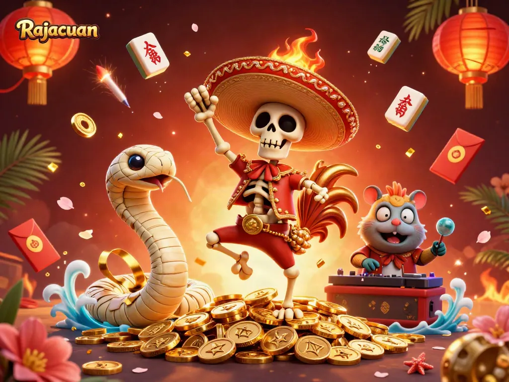 Experience Rajacuan's vibrant gaming adventure as skeleton mariachi celebrates Jackpot wins among rich casino elements.