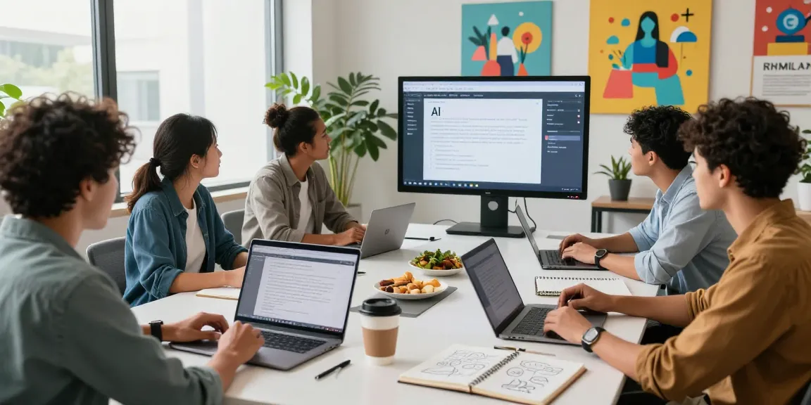 Collaborative team exploring AI writing tools in a modern tech workspace, showcasing diversity and innovation.