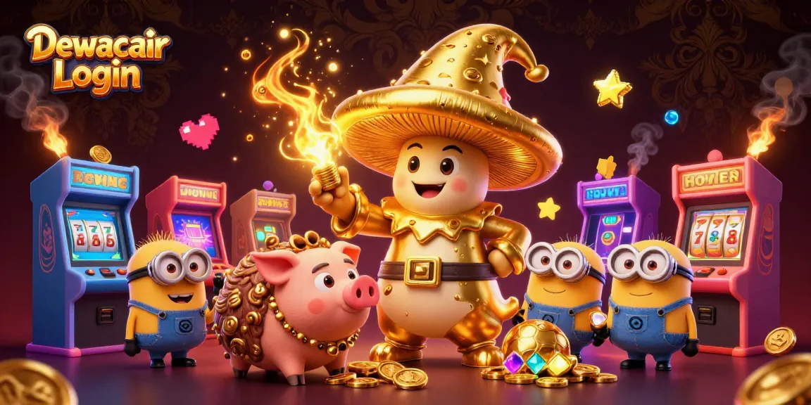 Dewacair Login showcases a magical scene with a golden wizard, truffle pig, and treasure elements in a vibrant casino setting.