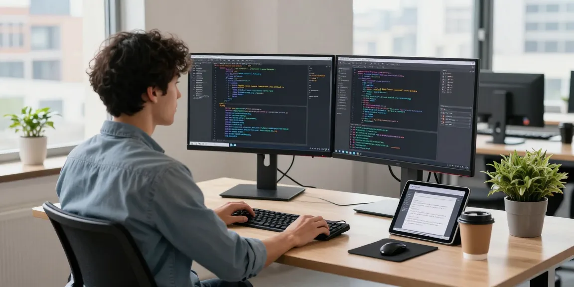 Developer using Snipaste官网 in an efficient workspace with multiple monitors and natural light.