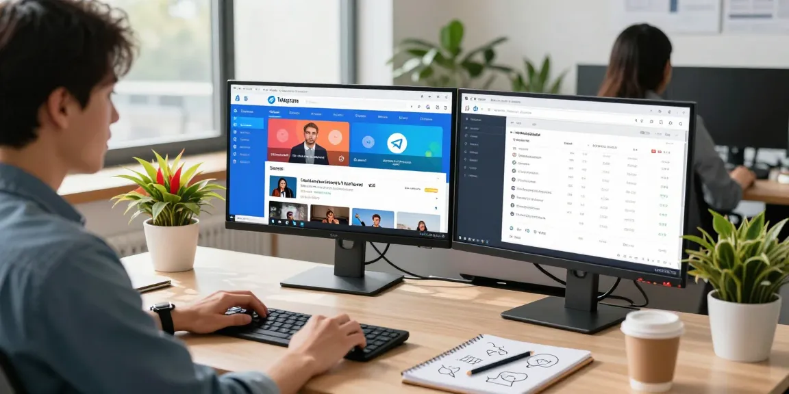 Exploring telegram china channels on dual screens in a modern office space.