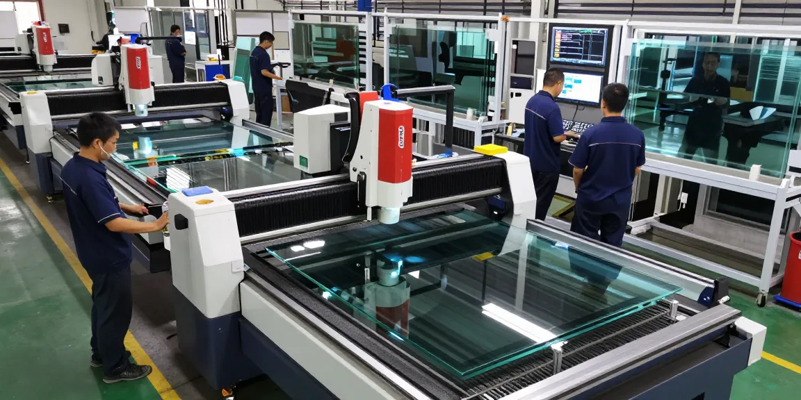CNC glass cutting machine operating in a modern manufacturing facility, showcasing efficient glass processing.