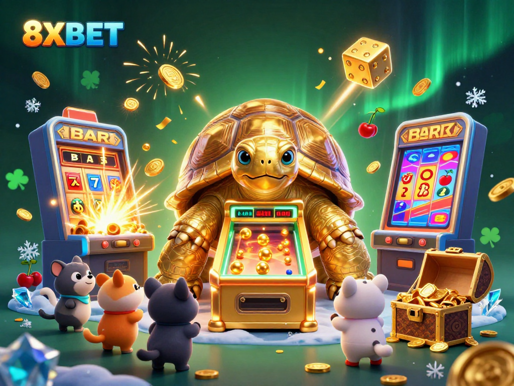 Experience 8XBET excitement with a golden tortoise pinball machine and jackpot slot scene